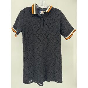 MSGM Made in Italy Black Lace Mini Dress Polo‎ Collar Orange White Trim S